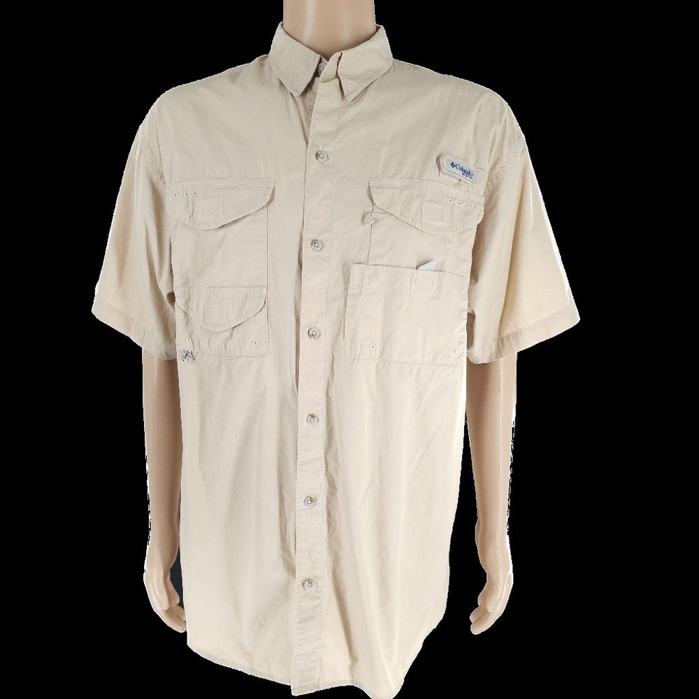 Columbia PFG Men Button Shirt 100% Cotton Vent Beige Size L